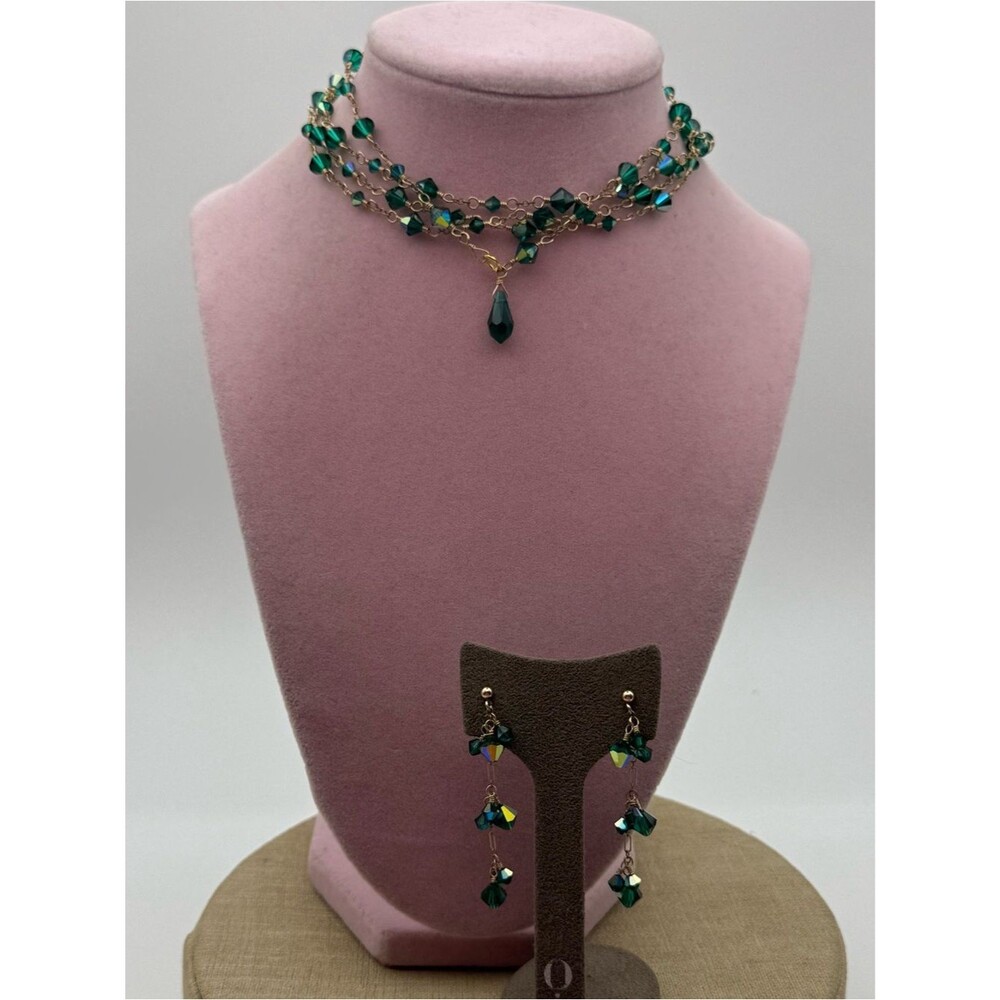 Elegant Green long Crystal Necklace and Drop Earrings Set - Designer